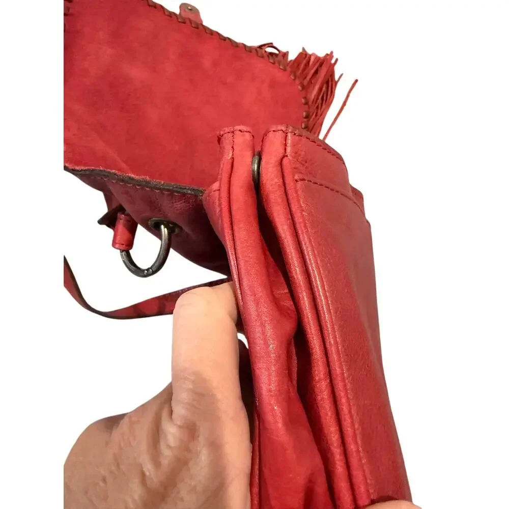 Patricia Nash Karisa Leather Whipstitch Saddle Bag Berry Red Tassels